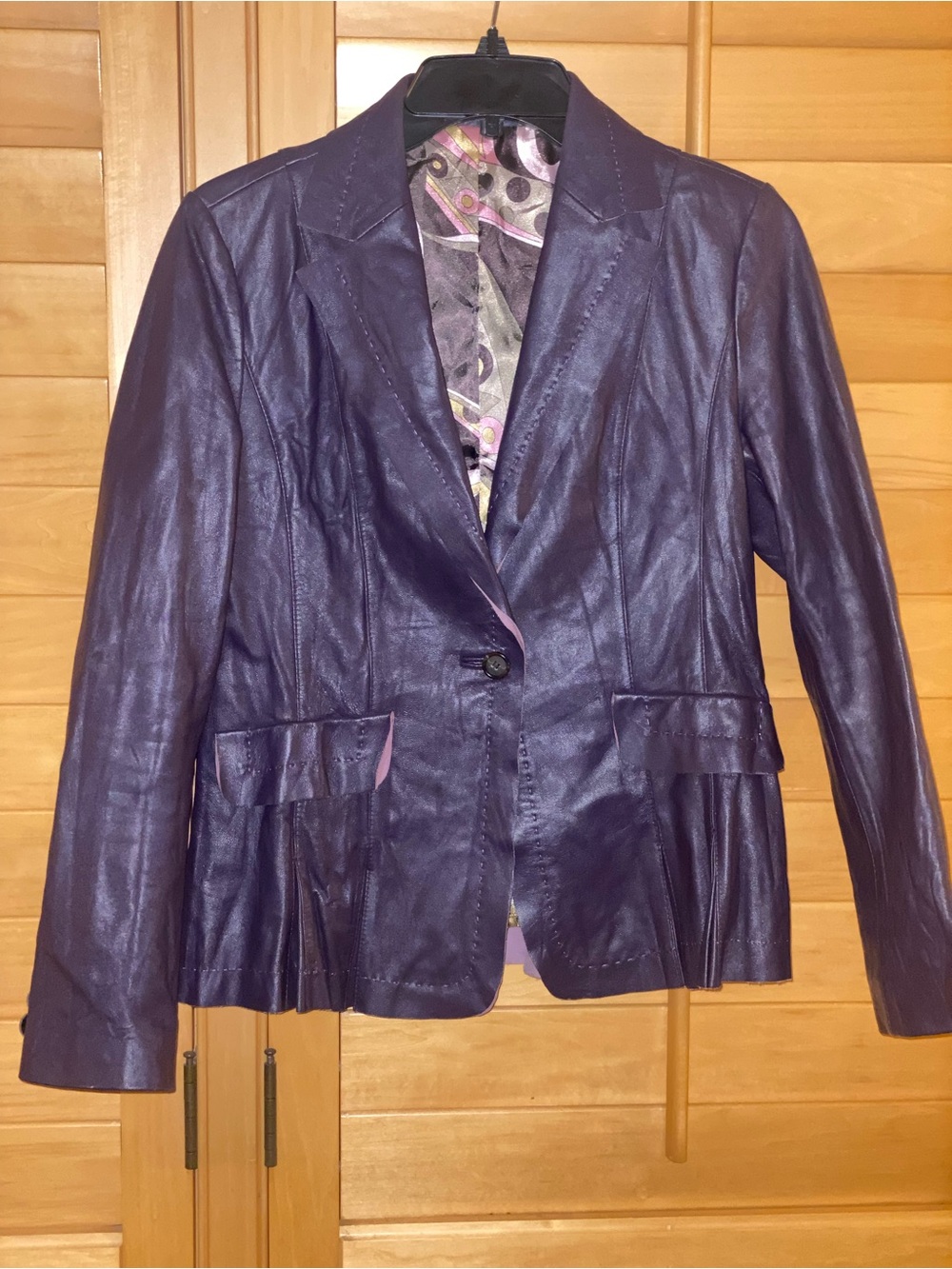 Vintage GALLERY Purple Leather Blazer Jacket Womens M 66 Metallic Plum Retro